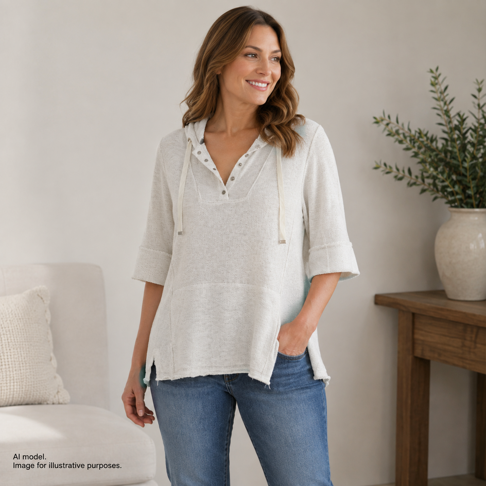 Soft Surroundings Shirt Womens PM Beige Hooded Henley Tunic 3/4 Sleeve Top TAGS!